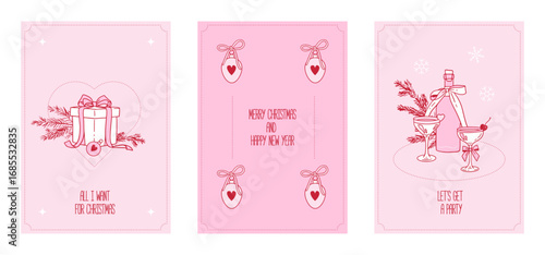 Hand drawn la dolce vita Christmas party invitations set. Vector illustration cards with bows, gift box and cocktails. Minimalist winter line art for stationery, printables, social media.