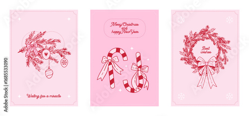 Hand drawn Merry Christmas vintage cards set. Xmas ink drawing minimal posters with ribbons and bows, christmas wreath, fir branch, candy cane. Minimalist sketch design in coquette style. Vector