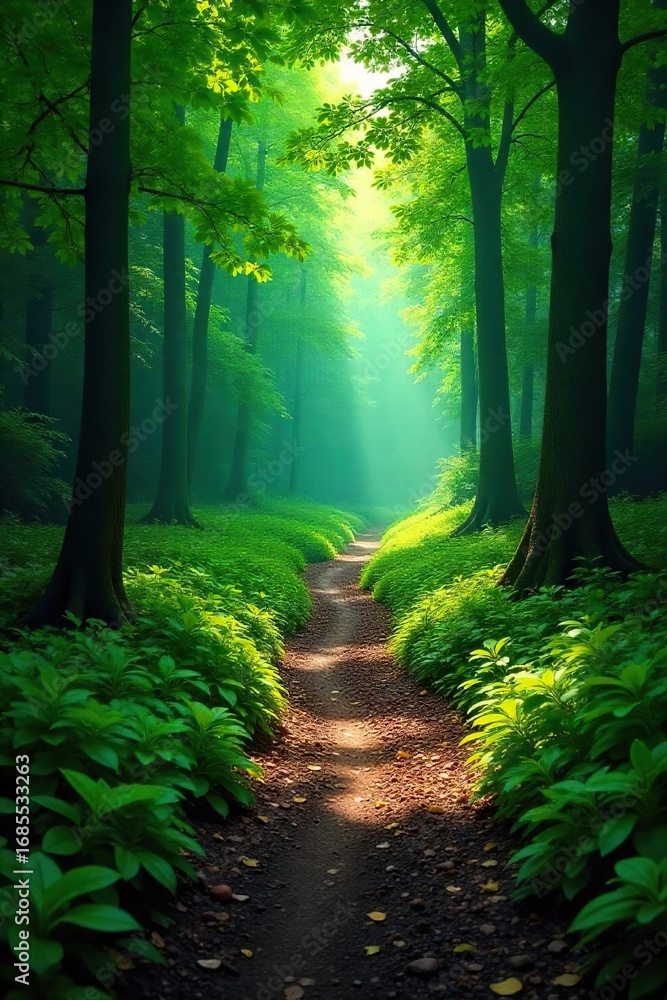Fototapeta premium A winding, uphill path through a lush forest symbolizes the long and sometimes challenging journey of patience, persistence, and self-improvement , journey, willpower, road