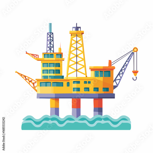 Colorful Flat Vector Icon of Offshore Oil Rig Platform — Petroleum and Gas Extraction Industry Illustration