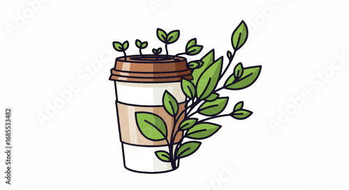 A coffee cup with a plant growing out of it, symbolizing eco-friendly or sustainable coffee.