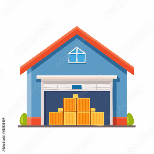 Colorful Flat Vector Icon of Industrial Warehouse Building with Storage Boxes — Logistics and Supply Chain Illustration