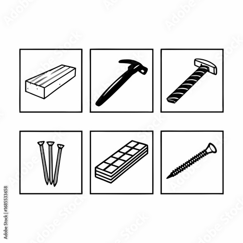 Illustration of carpentry tools including a hammer, nails, screw, and lumber