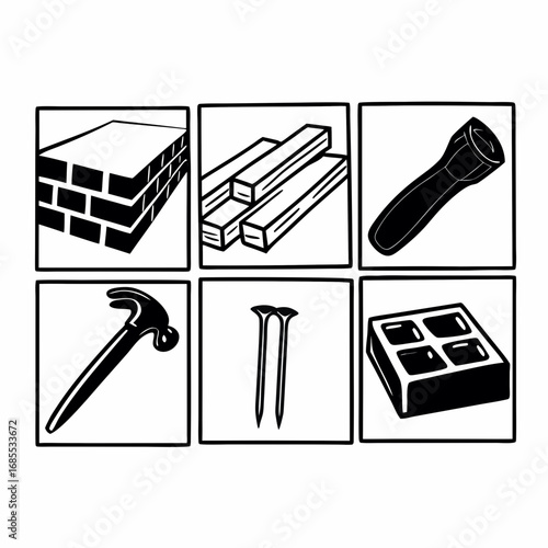 Illustration of construction tools and materials including a hammer, nails, brick, and lumber