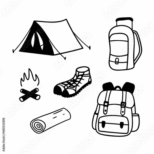 Camping equipment icons in doodle style for outdoor adventure and travel