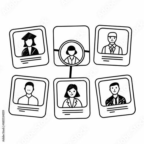 Hand drawn team member icons representing diverse professionals, organizational chart concept
