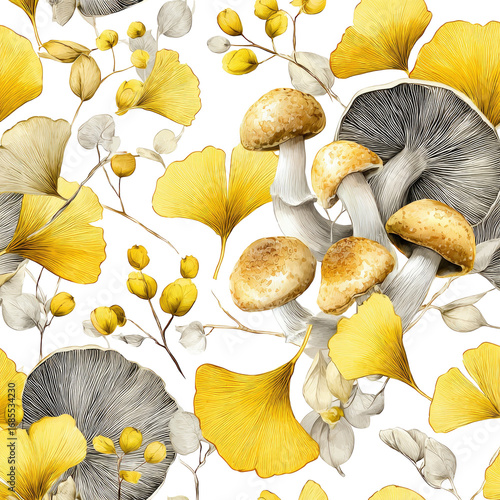 A vibrant repeating pattern of yellow ginkgo leaves, mushrooms, 
