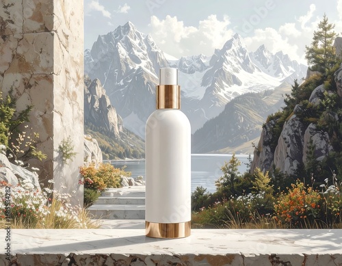 White Cosmetic Bottle Mockup in a Mountain Scenery.