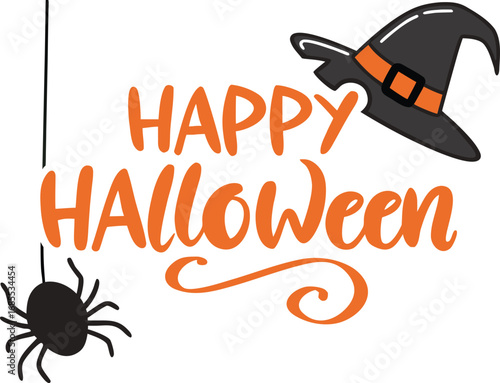 Vector art of happy halloween text with a witch hat and a spider hanging on a string