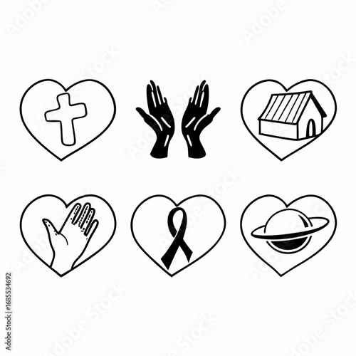 Illustration of hearts containing symbols of faith, hope, charity