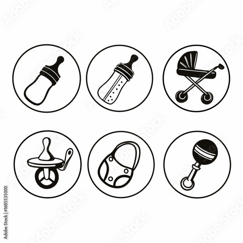 Baby icons vector illustration, including bottle, stroller, and rattle