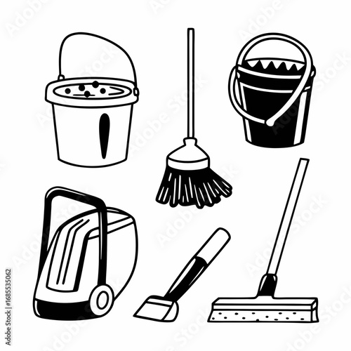 Illustration of cleaning supplies, including bucket, broom, vacuum, and mop