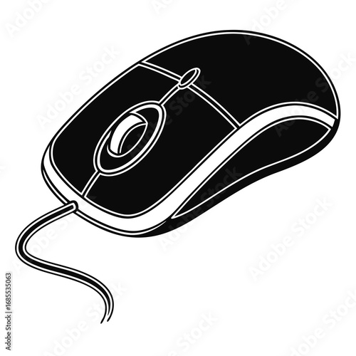 A simple black and white illustration of a classic wired computer mouse with a scroll wheel
