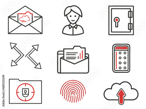 Collection of cybersecurity and data protection icons including cloud person safe fingerprint and folder