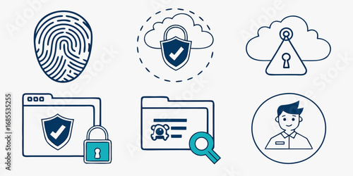 Collection of cybersecurity and data protection icons including fingerprint cloud security file lock and user profile