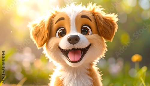 A joyful cartoon dog in a sunlit outdoor setting