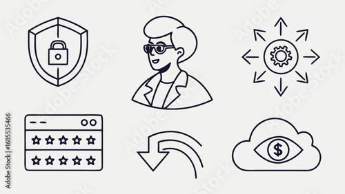 Collection of hand drawn line art icons representing cybersecurity data protection financial monitoring and business strategy