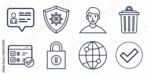 Collection of hand drawn line icons representing communication security user interface and global connectivity