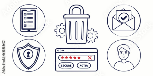 Collection of icons representing digital security data management and user authentication in a clean outline style