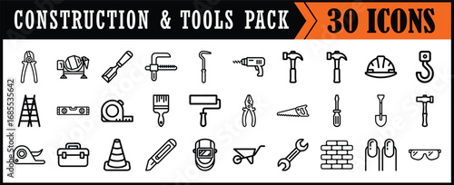 Construction tools icons set for builders, Vector pack of 30 construction and repair tool icons including .
