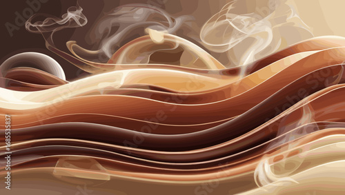 Flowing abstract waves with smoke elements in beige and brown tones