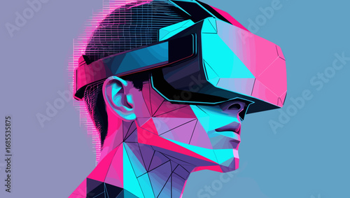 Futuristic portrait of a person wearing virtual reality headset in neon style