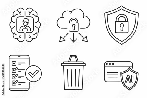 Collection of modern line art icons representing cybersecurity data protection and technology concepts