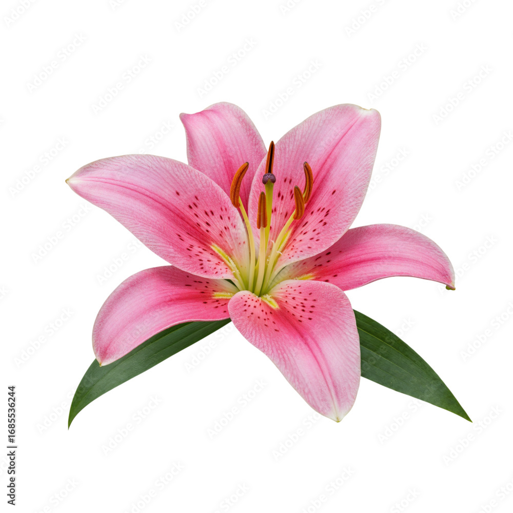 Fototapeta premium Single vibrant pink lily flower with green leaves isolated on a black background close-up studio shot transparent background