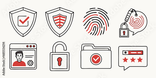 Collection of modern security and privacy icons representing data protection identity verification and access control
