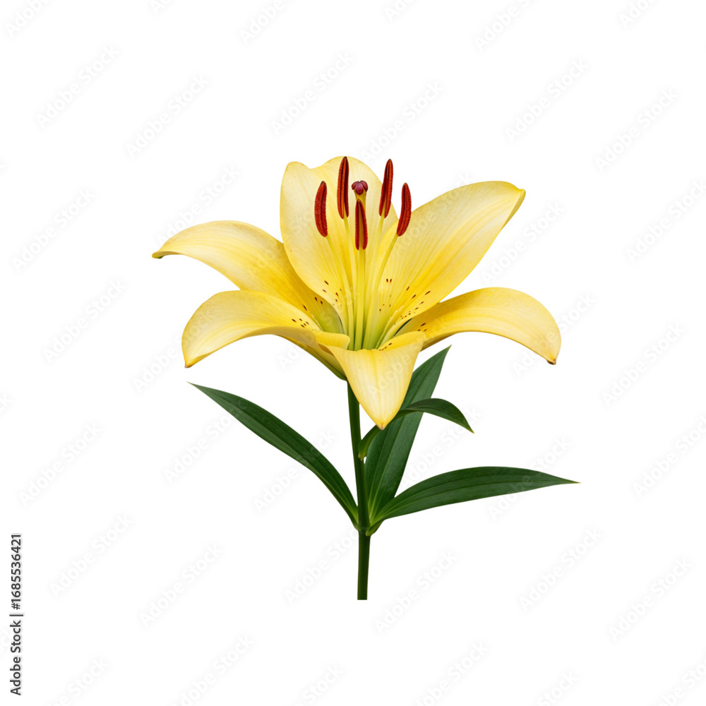 Obraz premium Vibrant yellow lily flower bloom petals with green stems isolated on black transparent background