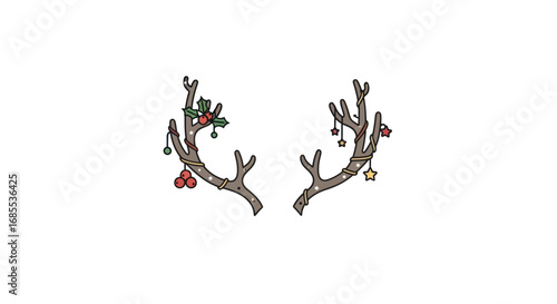 Festive Antlers Adorned with Christmas Ornaments and Berries.