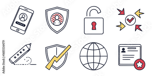 Collection of security and privacy icons including smartphone login protected profile unlocked padlock and global access