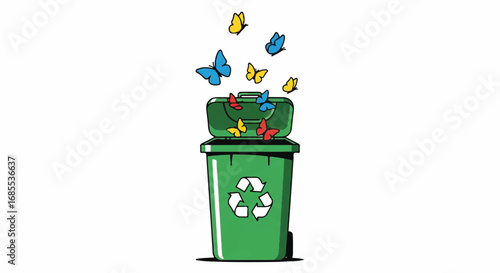Colorful butterflies emerging from a green recycling bin.