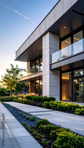 Modern Luxury Home Exterior with Landscaping.