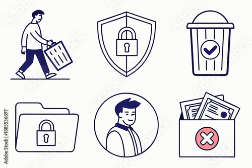 Collection of simple line art icons representing security data management and user profiles