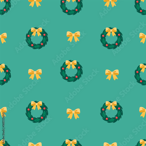 seamless green pattern with Christmas wreaths and bows. The wreaths are made of fir branches, decorated with red berries and yellow bows. Between them there are separate yellow bows.
