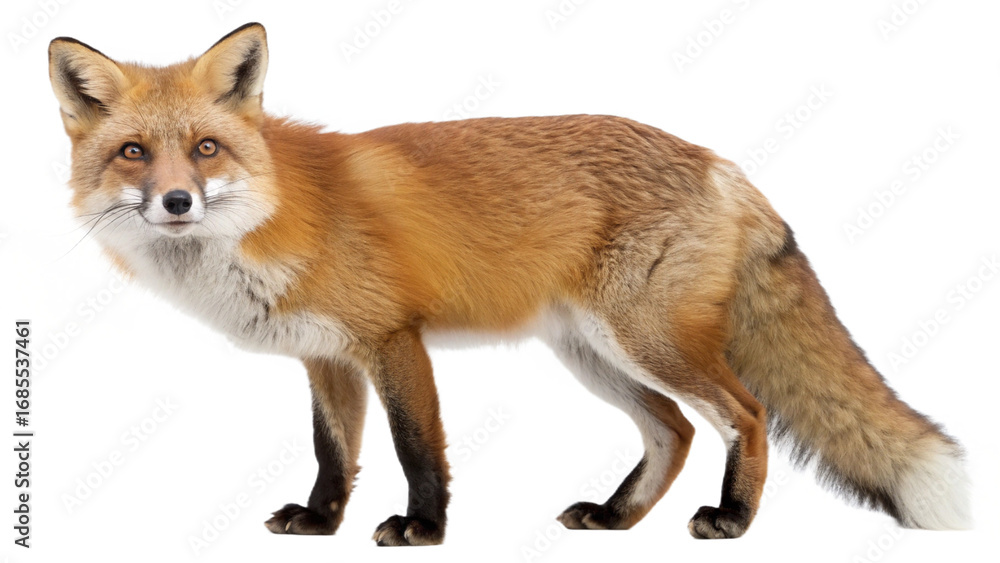 Obraz premium A realistic full-body portrait of a red fox standing gracefully, isolated on a transparent background PNG