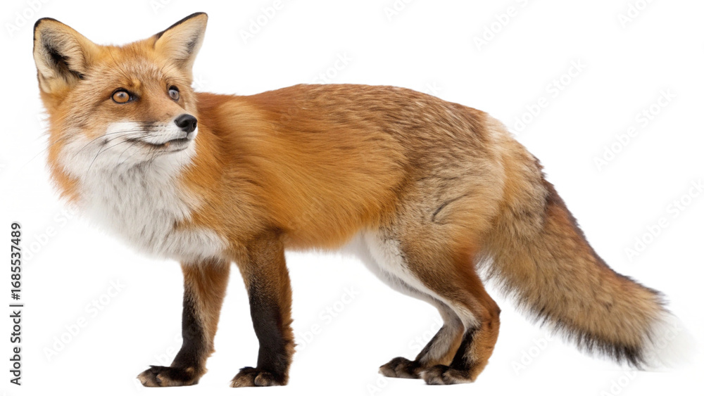 Obraz premium A realistic full-body portrait of a red fox standing gracefully, isolated on a transparent background PNG