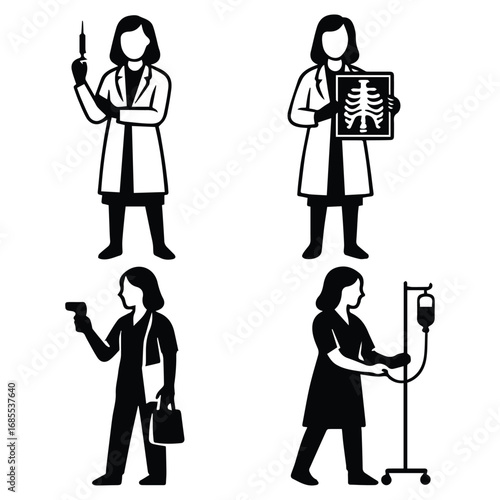 Four medical professionals posing with healthcare equipment isolated on white background