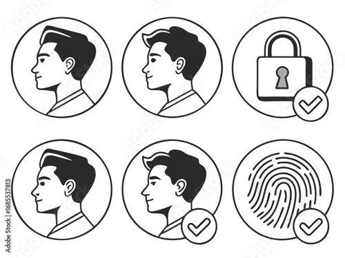 Facial recognition and biometric security icons showing identity verification and access control with checkmarks