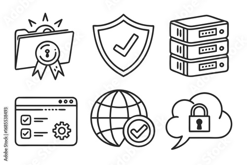 Set of six modern line icons representing security data and online services with checkmarks and locks