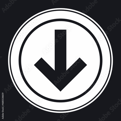 Simple black downward pointing arrow symbol inside a white circle on a dark background
