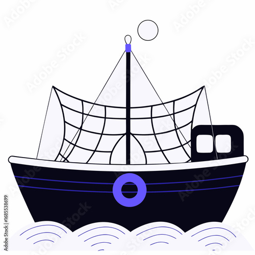 Stylized illustration of a dark blue fishing trawler with a net sailing on blue waves under a white sky