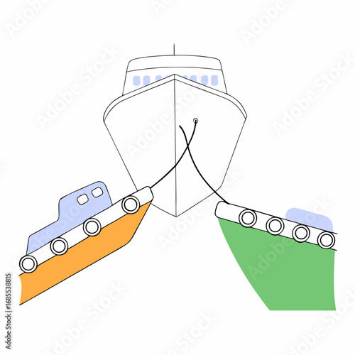 Two smaller boats are being assisted by a larger ship with ropes connecting them