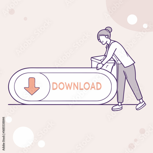 Woman pushing a large download button with an arrow indicating downward movement and data transfer