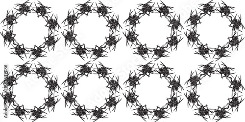 Monochromatic abstract spiky circular shapes intricate seamless pattern design.