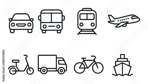 Black and white icons of various transportation modes on dark background