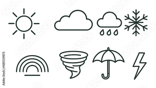Weather symbols featuring sun, cloud, rain, snowflake, and more on green background