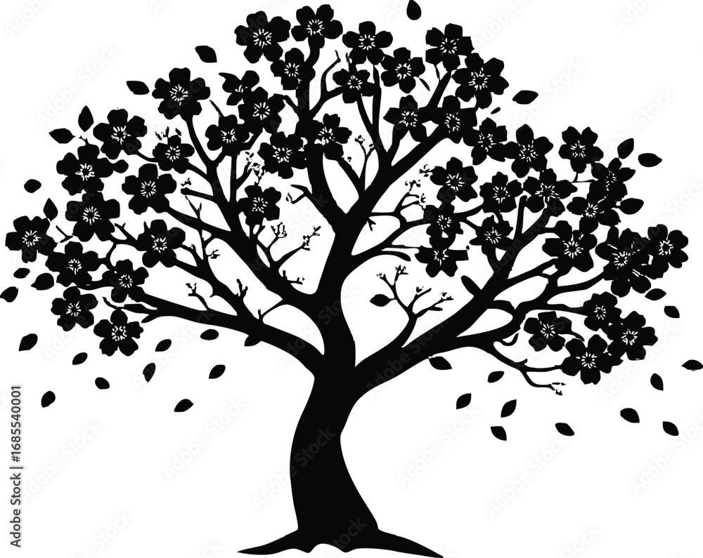 Obraz premium Cherry Tree In Blossom Silhouette | Cherry Blossom Tree Vector Art
