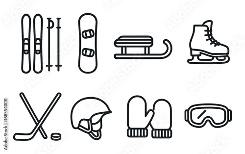 Winter sports gear: skis, snowboard, sled, ice skates, hockey sticks, helmet, mittens, goggles